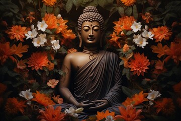 Buddha statue surrounded by orange flowers on a black background.Generative Ai