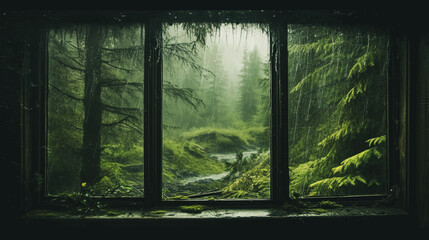 misty morning in Green forest, Looking out a window on a rainy day, background is a Green forest , Generative AI
