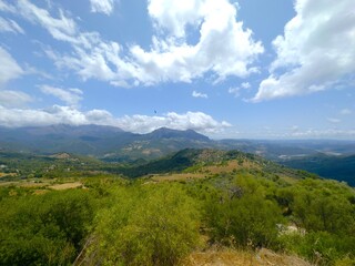 view over the hilly Andalusian landscape between the mountain villages Gaucin, and Casares, Paraje Natural Los Reales de Sierra Bermeja, Estepona, Andalusia, Malaga, Spain