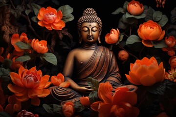 Buddha statue surrounded by orange flowers on a black background.Generative Ai