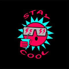 Sun wearing glasses and holding a drink, cartoon illustration over black background