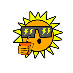 Sun wearing glasses and holding a drink, cartoon illustration