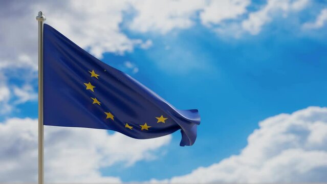 EU European Union flag waving on blue sky background. 3d video footage 