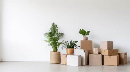 Close-up of stack of cardboard boxes and pot with plant on white wall 