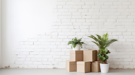 Close-up of stack of cardboard boxes and pot with plant on white wall 