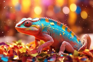 Fototapeta premium Chameleon on the background of festive tinsel, confetti and sparkles. Generative AI