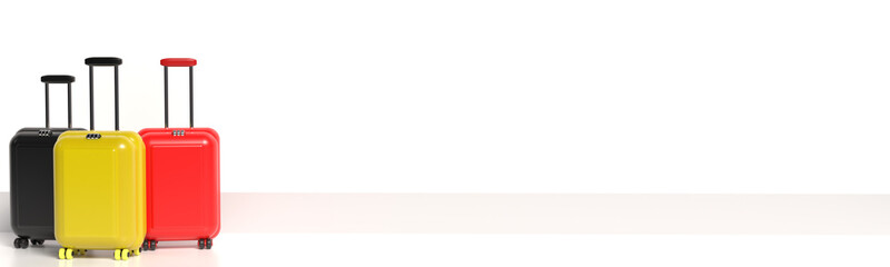 Background with travel suitcase and empty space for text. Optimistic 3D illustration with suitcases in the colors of the Belgian flag. Narrow horizontal banner in light colors.