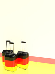 Background with travel suitcase and empty space for text. Optimistic 3D illustration with suitcases in the colors of the German flag. Narrow horizontal banner in light colors.