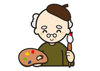 筆とパレットを持つお爺さん