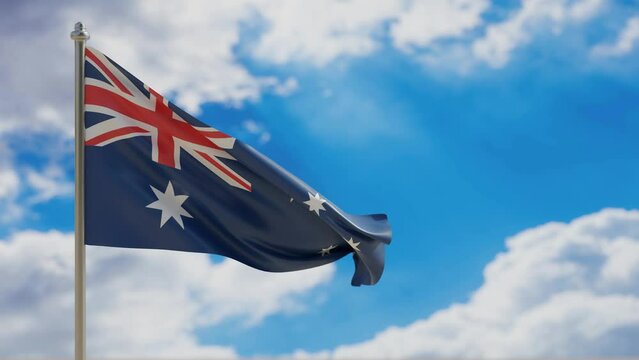 Australia country flag waving on blue sky background. 3d video footage 