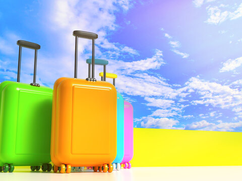 Background with travel suitcase and empty space for text. Optimistic 3D illustration of colorful suitcases.