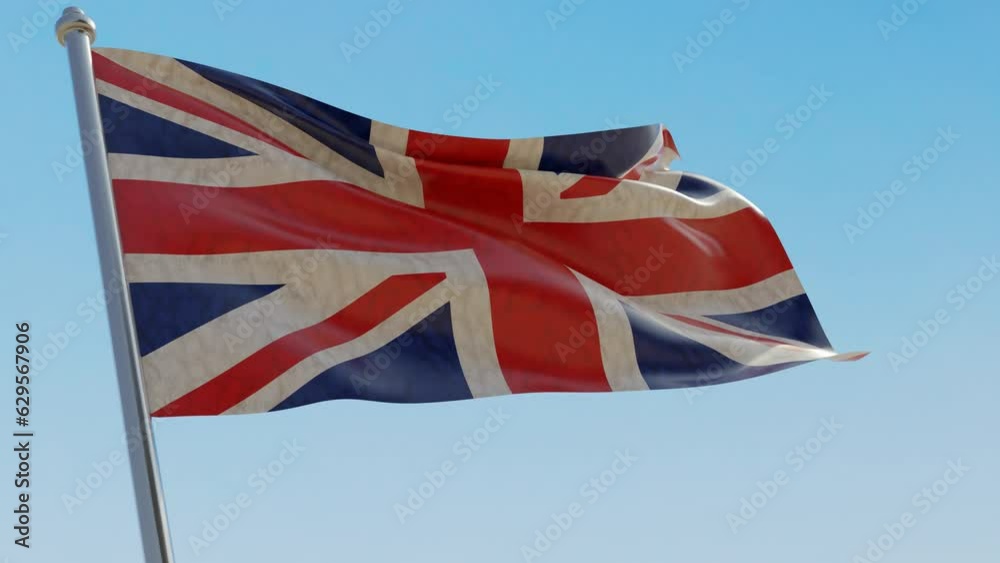 Sticker uk united kingdom flag waving on blue sky background. 3d video footage