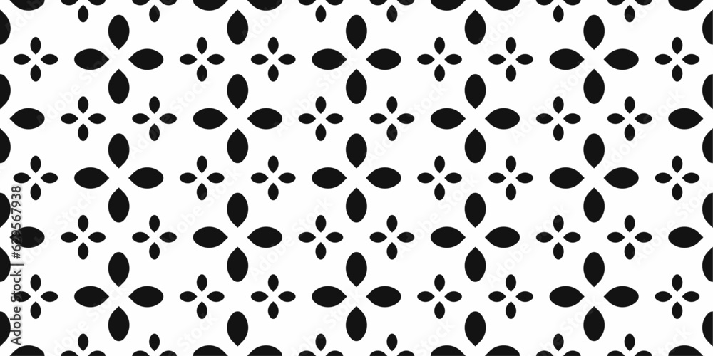 Poster Large black quatrefoils alternate with two small ones. Pattern of petal shapes on a white background. Design for textile, pillows, clothing, background, wrapping, notebooks.