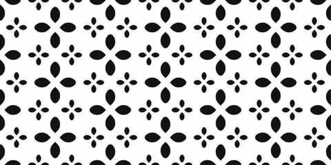 Large black quatrefoils alternate with two small ones. Pattern of petal shapes on a white background. Design for textile, pillows, clothing, background, wrapping, notebooks.