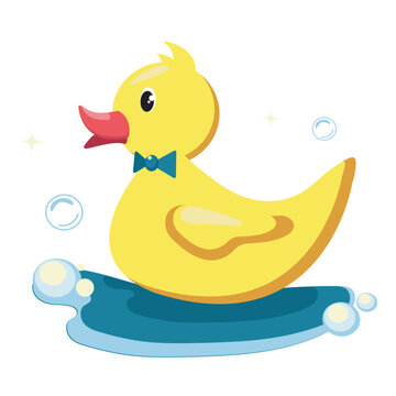 Vector cartoon duck in the water with foam. Sticker duck.