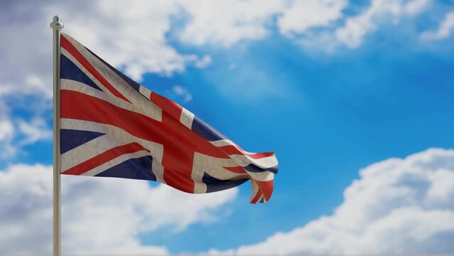 UK United Kingdom flag waving on blue sky background. 3d video footage 
