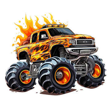 a yellow monster truck moving with fire effect in the backdrop, side view, watercolor clipart. 