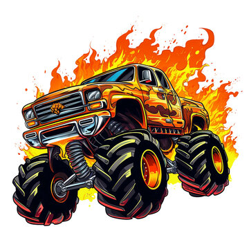 a yellow monster truck with red yellow burning fire effect in the background, watercolor clipart