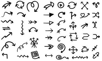 Free  hand drawn arrows, Vector illustration of hand drawn scribble lines, Doodle curved arrow darts, Simple sketch line style pattern emphasis, Pen line elements, Simple hand drawn pen lines