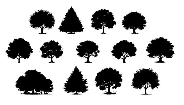 Tree silhouettes isolated on white background. Vintage trees and forest silhouettes set in monochrome style