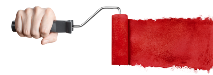 Hand painting using a red roller brush, cut out