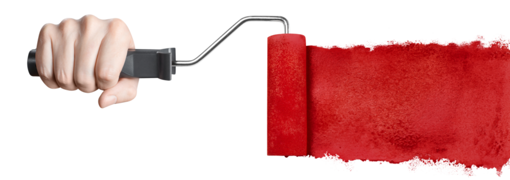 Hand painting using a red roller brush, cut out