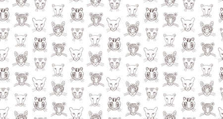 Big cats faces seamless pattern on transparent background. Hand drawn vector illustration. Line art, drawing style design. Lion, tiger, leopard, jaguar, cougar, cheetah. Animal print, packaging, paper