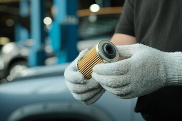 Spare parts. Car maintenance in a car service. An auto mechanic holds a new oil filter in his...