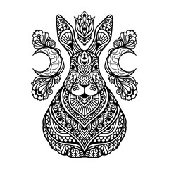 Rabbit mandala. Vector illustration. Adult coloring page. Hare Animal in Zen boho style. Sacred, Peaceful. Tattoo print ornaments. Black and white