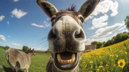 Fisheye Lens. Selfie of a happy donkey