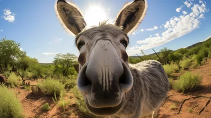 Keuken spatwand met foto Fisheye Lens. Selfie of a happy donkey © tashechka