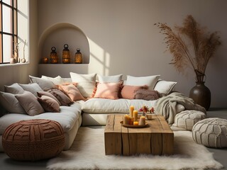 Contemporary style interior with cozy sofa wide blank white wall with folded pillows and blankets with coffee table and candlelight in soft orange sunlight.