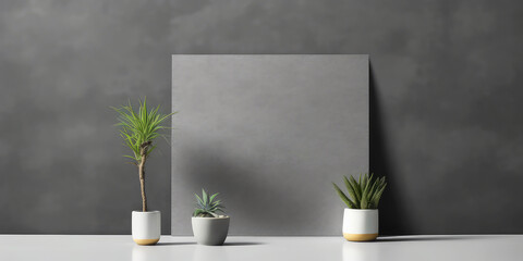 Empty business mockup. template for  presentation with green plant in pot. Empty blank, frame on workplace. Business office concept. Minimal. Generative ai