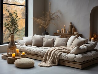 Contemporary style interior with cozy sofa wide blank white wall with folded pillows and blankets with coffee table and candlelight in soft orange sunlight.