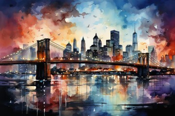 Fototapeta na wymiar Beautiful colorful night New York. Brooklyn Bridge, watercolor. Urban landscape. Generative AI