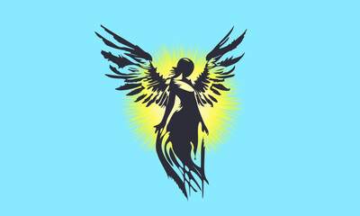 Vector monochrome graphic silhouette of an angel lady with spread wings made of ink blots on a bright radiant yellow circle background. Blue isolated background.