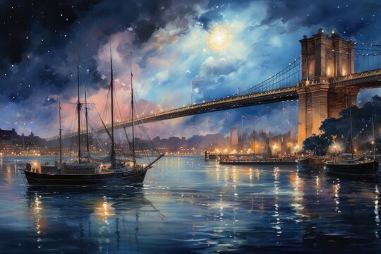 Beautiful colorful night New York. Brooklyn Bridge, watercolor. Urban landscape. Generative AI