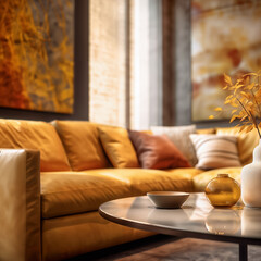Modern interior design living room in ochre palette colours