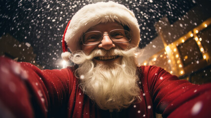 Obraz premium Fisheye Lens Selfie of a happy santa blur bokeh street background