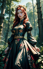 Beautiful girl in Medieval style. Beautiful medieval style dressed anime girl in the forest.