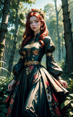 Obraz premium Beautiful girl in Medieval style. Beautiful medieval style dressed anime girl in the forest.
