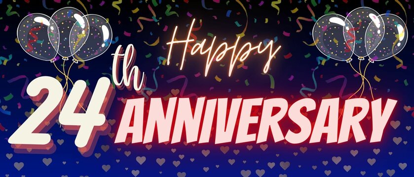 Anniversary 24. Neon calligraphy text and numbers. Poster template for Celebrating 24th anniversary event party. Balloon and confetti background illustration 