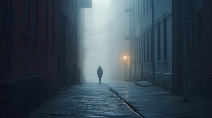 solitary figure walking down a foggy alley, shrouded in an otherworldly mist.