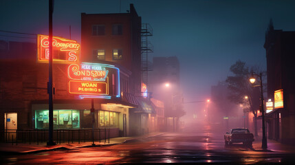 city under the warm glow of streetlights and neon signs, diffused by the enveloping fog.