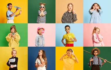 Collage made of portraits of children, boys and girls expressing emotions and employment over...