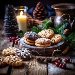 Obraz na płótnie Canvas Christmas gingerbread cookies on vintage plate and anise, cinnamon, pine cones, cedar branches with golden lights on rustic table. Baked traditional gingerbread man, tree, star cookies