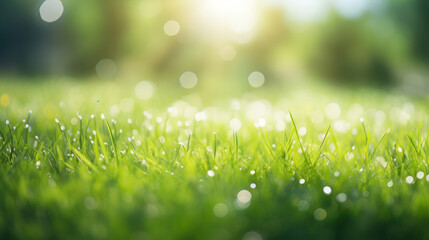 Natural grass field background with blurred bokeh and sun rays