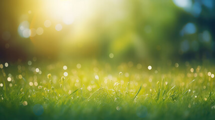 Natural grass field background with blurred bokeh and sun rays