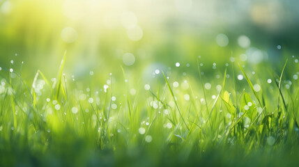 Obraz premium Natural grass field background with blurred bokeh and sun rays