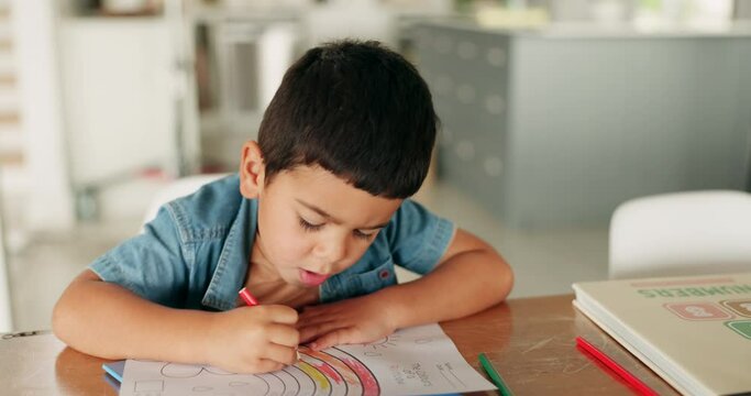 Creative, boy and home with children education, learning and color activity for development. Book, school homework and young child with student growth and drawing in house with paper and illustration